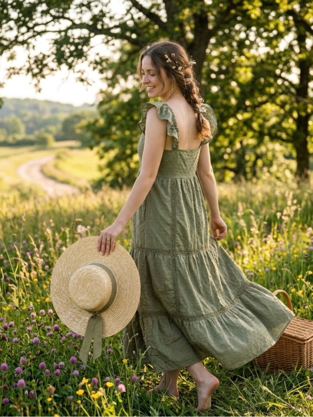 AND NOW THIS | Olive Green Midi Dress with Ruffle Sleeves